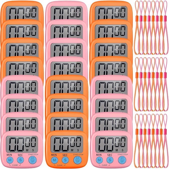 Weewooday 24 Pcs Small Digital Kitchen Timer Magnetic Back and Switch Minute Second Count up Countdown Big LCD Display Loud Alarm for Teacher Cooking Baking (Pink,Orange)