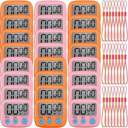 Weewooday 24 Pcs Small Digital Kitchen Timer Magnetic Back and Switch Minute Second Count up Countdown Big LCD Display Loud Alarm for Teacher Cooking Baking (Pink,Orange)
