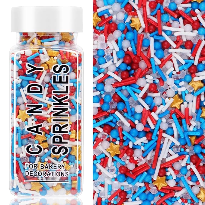 Red White and Blue Sprinkles - Patriotic 4th of July Sprinkles for Cake Decorating, 4.6oz Jimmies Nonpareils Stars Sprinkle Mix, Edible Cake Sprinkle for Baking, Cookie, Cupcake, Ice Cream Toppings