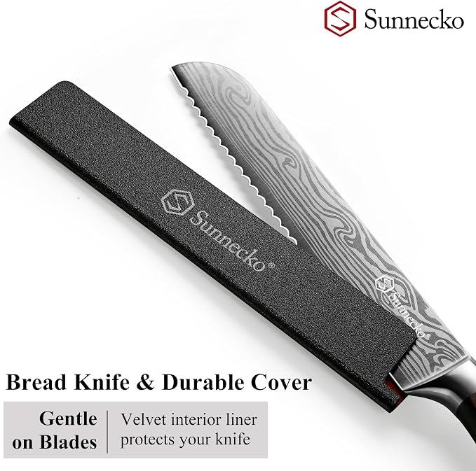 Sunnecko 8 Inch Bread Knife - High Carbon German Steel Serrated Bread Knife for Homemade Sourdough & Crusty Loaves, Ultra Sharp Kitchen Knife with Sheath, Professional Cake Slicer Gift for Mom and Dad