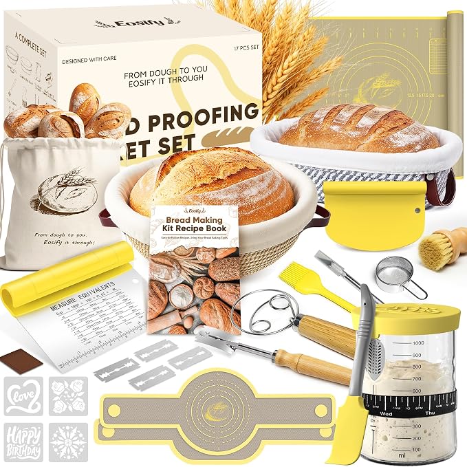 Sourdough Starter Kit with Cotton Rope Banneton Basket & Jar, Bread Baking Supplies and Tools Set, Complete Sourdough Bread Making Kit, Baking Gift for Women Moms & Beginners