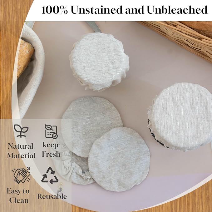 6Pcs Sourdough Starter Jar Lid 4 IN,100% Pure Linen Bowl Covers, Unplored, Unbleached, Sourdough Proofing Bowl Cover Bread Fermentation Baking Supplies for 3-4 Inch Jar Mouth