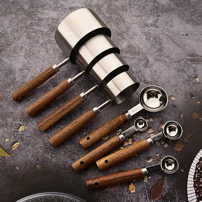 8 pieces Silvery Measuring Cups Set and Measuring Spoons Set with Scale, BRIIEC Wooden Handle Stainless Steel Dry & Liquid Measuring Cup for Cooking Baking