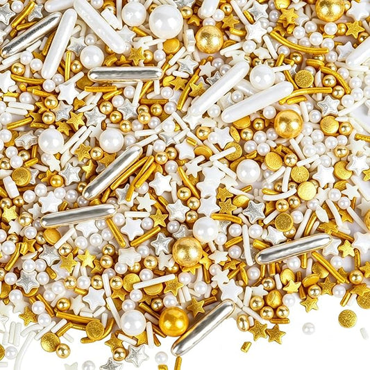 Gold and White Deluxe Sprinkles for Cake Decorating, Edible Sprinkles Mixed Sizes and Shapes Pearl and Star Sugar Metallic Sprinkles for Baking, Cookies, Ice Cream, Macarons and Cupcake Toppings