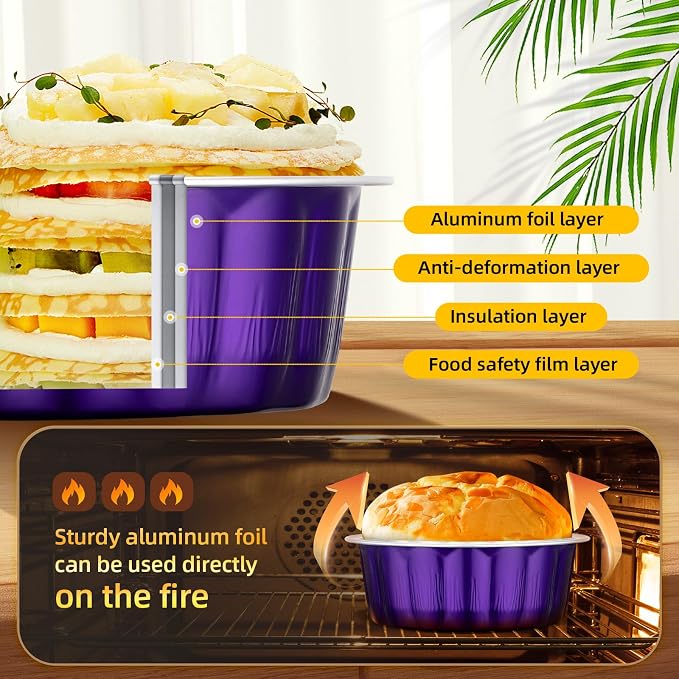 Beasea Disposable Ramekins with Lids, 120 Pack 8 oz 4 Inch Mini Aluminum Foil Creme Brulee Baking Cups Small Round Cupcake Muffin Tins Baking Cups Individual Containers for Party - Violet Purple