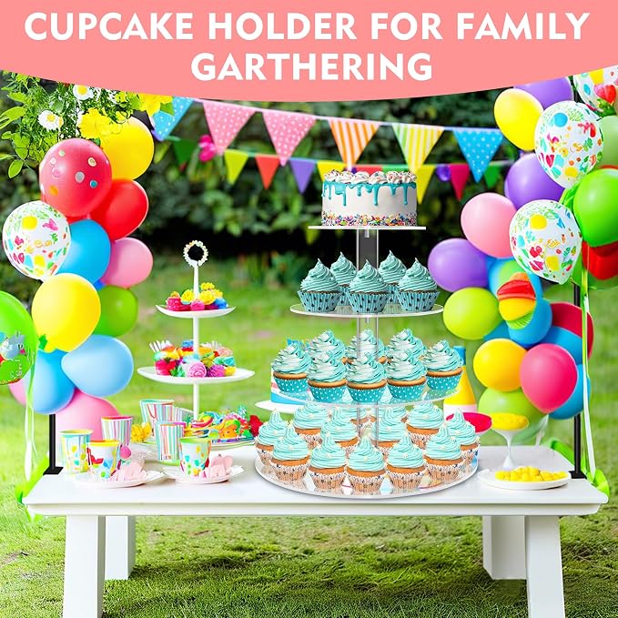 YestBuy 4 Tier Round Acrylic Cupcake Stand with Base, Premium Cupcake Holder, Acrylic Cupcake Tower Display Cady Bar Party Décor – Display for Pastry (4" Between 2 Layers)