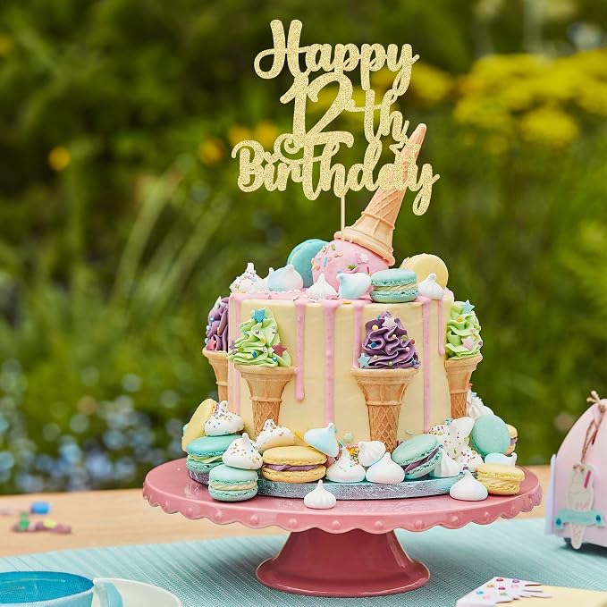 Gyufise 1Pc Happy 12th Birthday Cake Topper Glitter 12 & Fabulous Cheers to 12 Years Old Cake Pick for Celebrating 12th Birthday Anniversary Party Cake Decorations Supplies Gold