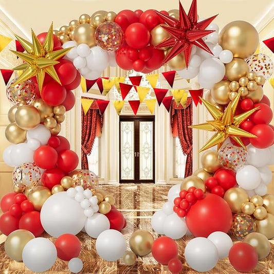 Bonropin Red White and Gold Balloon Garland Arch Kit 158pcs with Red and Gold Confetti Balloons, Star Foil Balloons, for New Year Graduation Anniversary Birthday Party Decorations