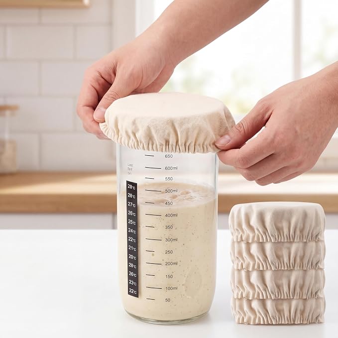 6 Pack Sourdough Starter Jar Covers - Reusable Unbleached Linen Cloth Covers for 3-4 Inch Mason Jars, Breathable Fermentation Covers for Sourdough Bread Proofing