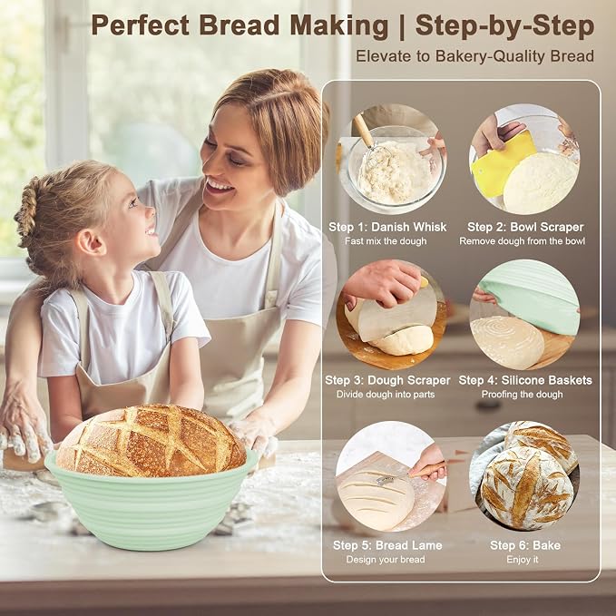 2Pcs Upgraded Silicone Banneton Bread Proofing Baskets, JOCXSPI 10" Oval & 9" Round Foldable Sourdough Bread Dough Proofing Bowl, BPA Free, Non-Stick, Oven & Dishwasher Safe