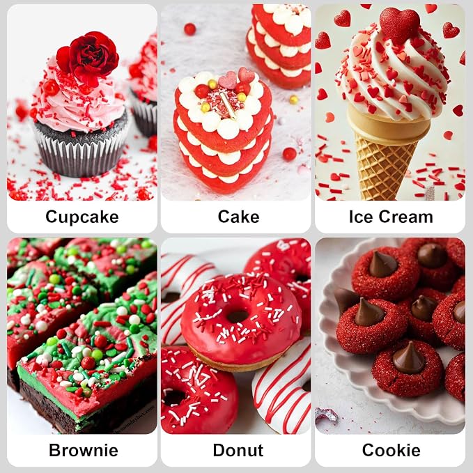 HUEBEATY 6-in-1 Valentines Red Sprinkles for Cake Decorating - 180g Red Heart Shaped Confetti Sprinkles, Edible Sugar Pearls, Sanding Sugar & Jimmies, Grinch Christmas & Valentines Sprinkles for Cookies, Cupcakes Baking