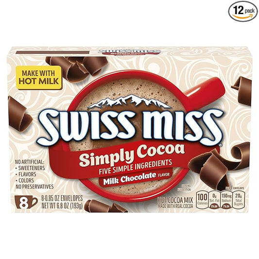 Swiss Miss Simply Cocoa Milk Chocolate Flavored Hot Cocoa Mix, Hot Cocoa Bar Supplies, 0.85 oz., 8-Count Envelopes (12 Boxes)