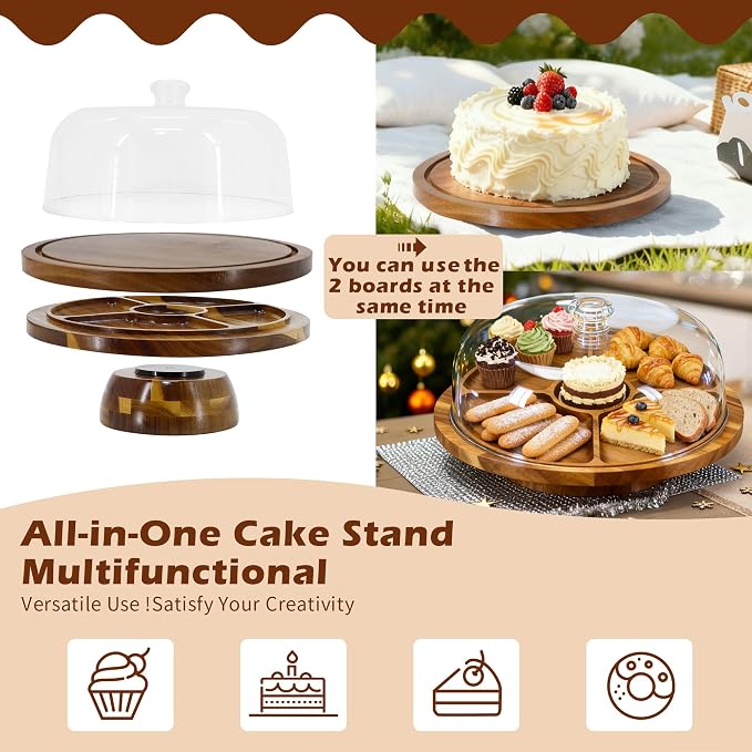 Jolitac Acacia Wood Cake Stand with Lid – 12" Wooden Rotating Cake Stand with Dome Cover, Round Cake Holder Stand with 4 Bonus Cake Sheets, Serving Tray for Cake, Cheese, Charcuterie & Parties