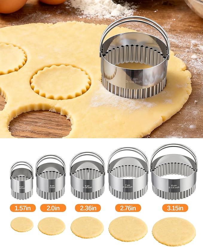 Biscuit Cutter Set with Handle, 5 Piece Stainless Steel Fluted Round Cookie Cutter Tool, Multi Size Wave Edge Dough Donut Cutters for Baking Cakes, Biscuits, Pastry Dough