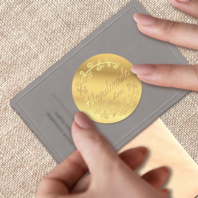 100Pcs Embossed Favor Stickers Labels, Gold Foil Tags Envelope Seals, Wedding Invitation Decor Foil Party Favor Stickers for Sealing Awards Embossing Certificates 1.5 Inch, Handmade with Love