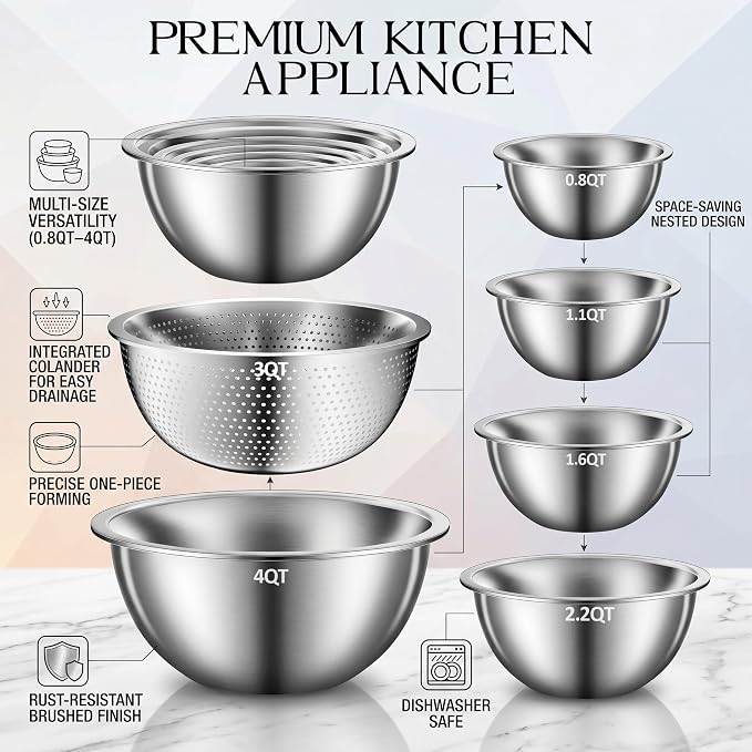 DUTZUN Stainless Steel Mixing Bowls with Colander for Baking, Prep, Cooking | Kitchen Appliances - Metal Mixing Bowl Set of 5 (4, 2.2, 1.6, 1.2 & 0.8 QT) plus 3 QT Strainer