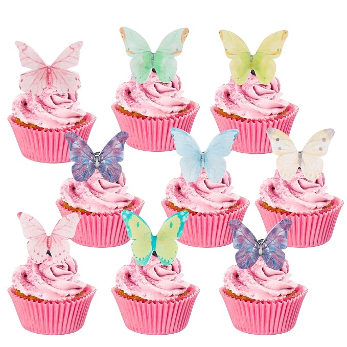 Gyufise 40Pcs Edible Multicolor Butterfly Cupcake Toppers - Edible Wafer Paper Butterfly Decorations for Baby Shower, Kids Birthday, Wedding Parties