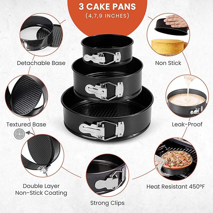 Springform Cake Pan Set with Cake Decorating Kit, Non-stick Leakproof Round Cake Pans of 4, 7, 9 Inches, 12 Pcs Parchment, 3 Cake Scrapers, Resuable Piping Bag, Coupler and Tips