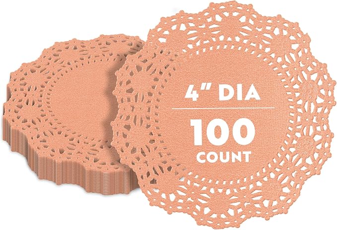 Pastry Tek 4 x 4 Inch Paper Lace Doilies, 100 Disposable Table Doilies - Elegant Lace Finish, Long Lasting, Coral Paper Doily, for Pastries, Cupcakes, Desserts - Restaurantware
