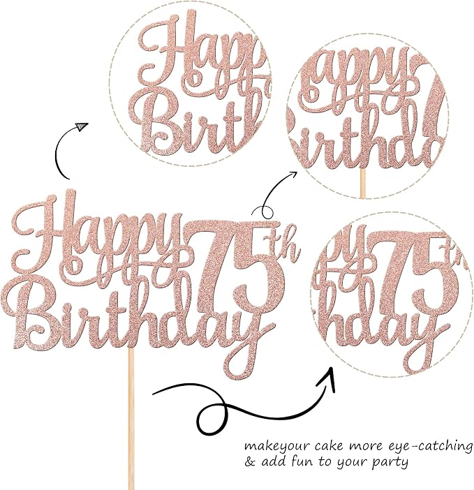 1 PCS Happy 75th Birthday Cake Topper Glitter Cheers to 75 Years Birthday Cake Pick 75 Fabulous Cake Decoration for Happy 75th Birthday Theme Party Decorations Supplies Rose Gold