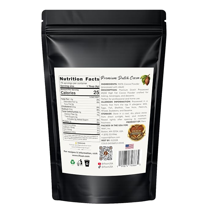 ifison Cocoa Powder Unsweetened Dutch Processed Extra Fine 1 lb (454 g) | Premium Dark Chocolate Flavor, Perfect for Baking, Frostings, Fillings, Hot Chocolate, Smoothies, Desserts, Allergen Free