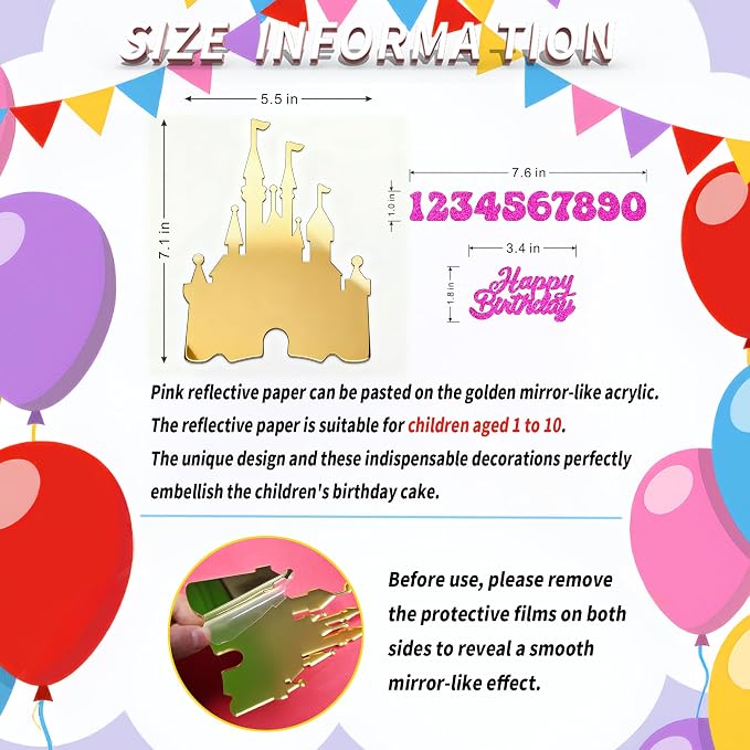 Gold Castle Cake Topper with Numbers 0–9 – Princess Birthday Cake Decorations, Reusable Gold Acrylic Happy Birthday Cake Topper Set for Party Supplies (golden)
