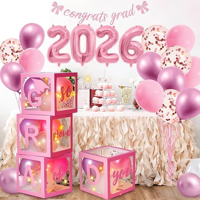 AYGXU Graduation decorations class of 2026 pink- Graduation Decorations, Balloons Box (4PCS) with letters&balloons,balloon stand set for table,LED String Light,graduation party decorations