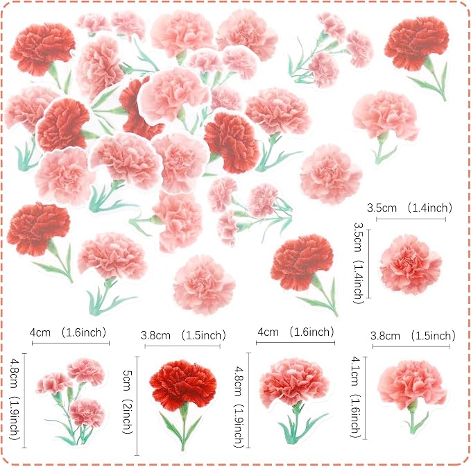 50Pcs Edible Carnation Cupcake Toppers Edible Pink Red Carnations Flower Cupcake Picks for Floral Women Birthday Cupcake Picks Anniversary Party Decorations Floral Mother's Day Cupcake Decorations