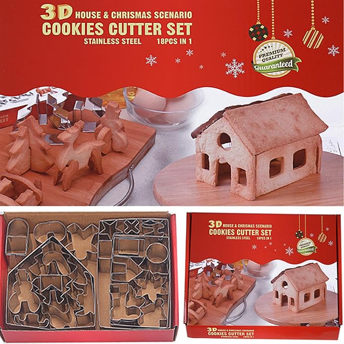 3D Christmas Gingerbread House Cookie Cutters Set, FantasyDay 28 Pcs 430 Stainless Steel Cartoon Snowflake Biscuit Cutter Pastry Mold for Holiday Birthday Cake Dough Donut Fondant - Baking Dough Tool