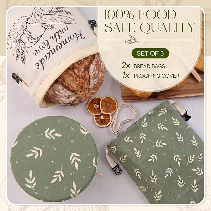 Mindsoft Beeswax Bread Bag for Sourdough, 12×15" Reusable Linen Dough Bag with Buckle, 10" Proofing Bowl Cover, Natural Beeswax Bread Storage for Homemade Sourdough Breads Freshness Freezer