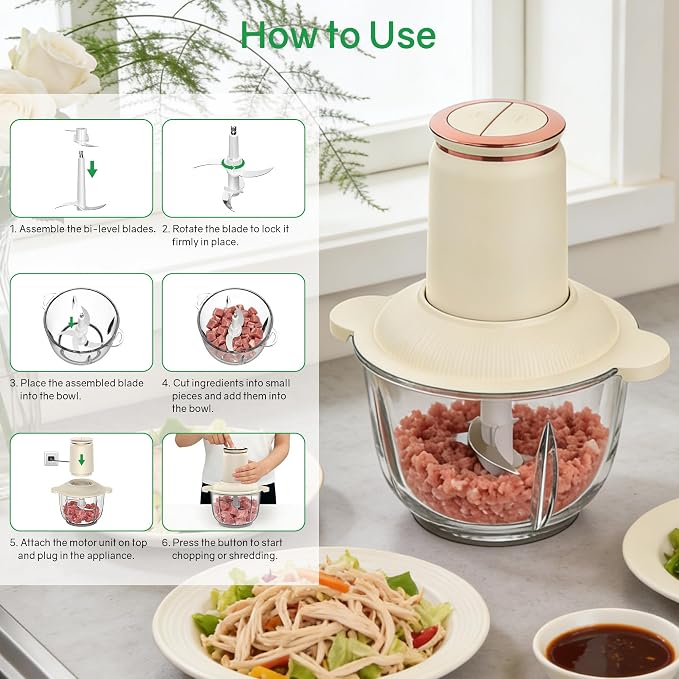 Food Processors 300W Electric Chicken Shredder Meat Grinder with Dual Blades and Full Copper Motor, 2L Food Chopper for Meat/Cooked Chicken Breast/Fish/Vegetable/Baby Food/Pet Food(Large) (2L)