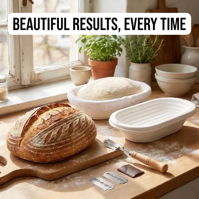 2 Pack Bread Proofing Baskets, 11" Oval Banneton Proofing Basket with Breathable Linen Liners and Bread Lame, Reusable Loaf Banneton Basket for Professional & Home Sourdough Bread Baking