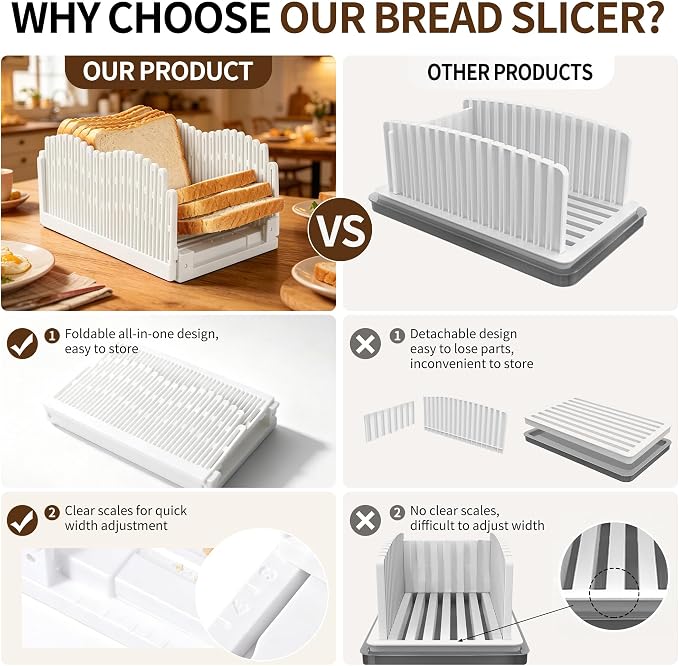 Bread Slicer for Homemade Bread, Foldable Compact with Adjustable Width | Bread Slicer with Scale Markings, Non-Slip Pad, Seamless Crumb Tray, For Home Bakers & Cooking Enthusiasts, Easy Storage