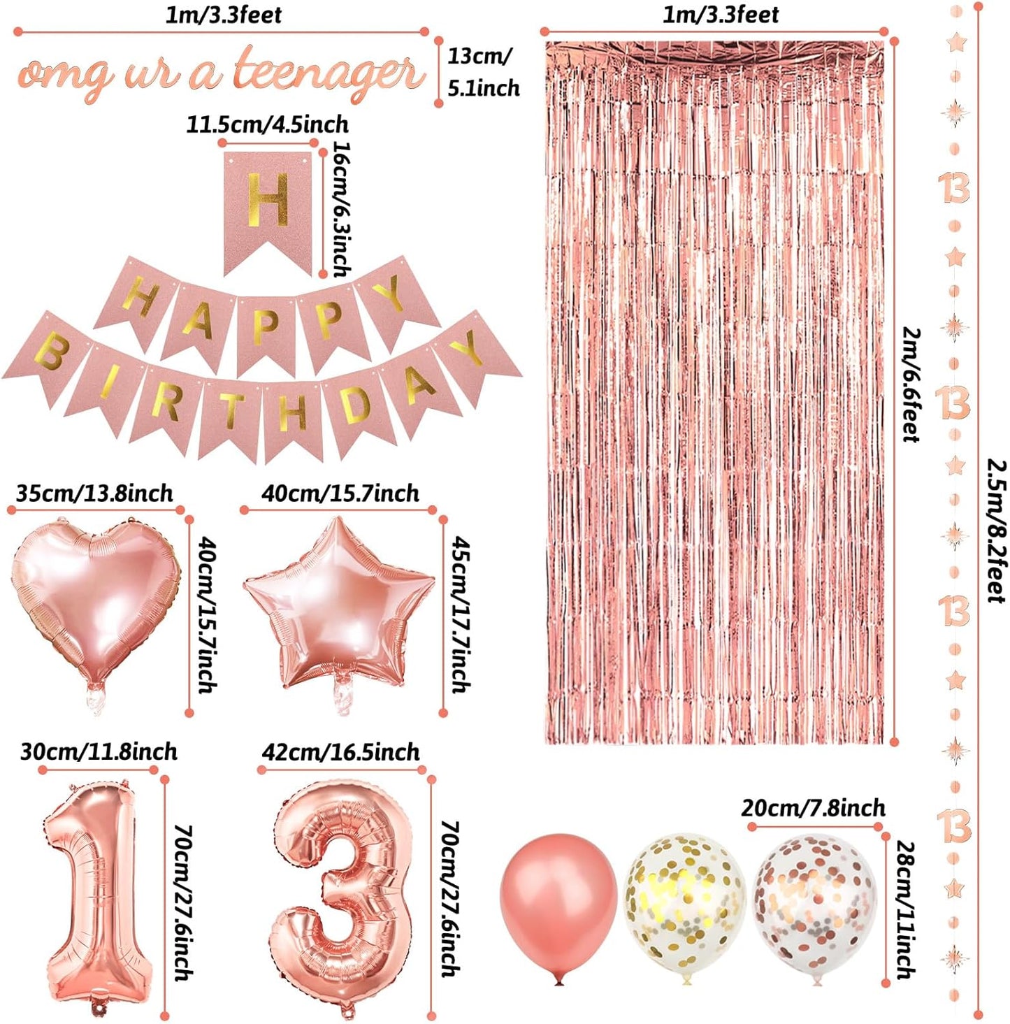 ZERODECO Rose Gold Birthday Party Decorations 13th, Happy Birthday Banner Fringe Curtain 13 Garland Heart Star Foil Confetti Balloons for Women Girls Queen Princess Party