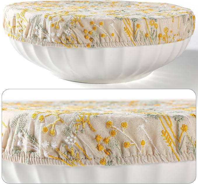 Reusable Bowl Covers for Bread Proofing Baking Embroidered Dandelion Linen Cotton Cloth Fabric Washable with Elastic Cover for Food Fruit Salad Eco-friendly (Beige Dandelion)