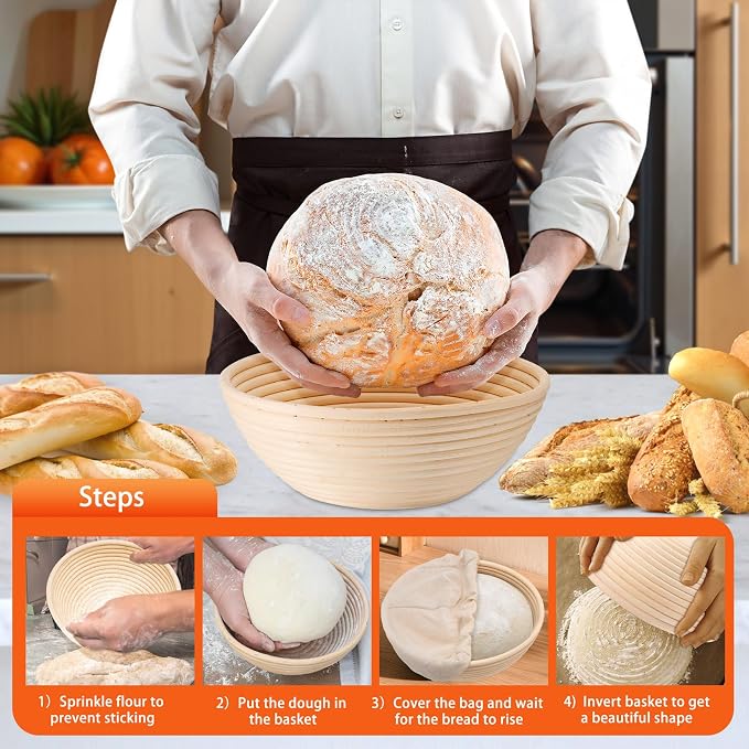 P&P CHEF Bread Proofing Baskets for Sourdough, 9 Inch Proofing Basket Set of 2, Dough Making Baskets, Ideal for Professionals and Beginner Baker, Handmade Rattan Basket with Cloth Liner, Round