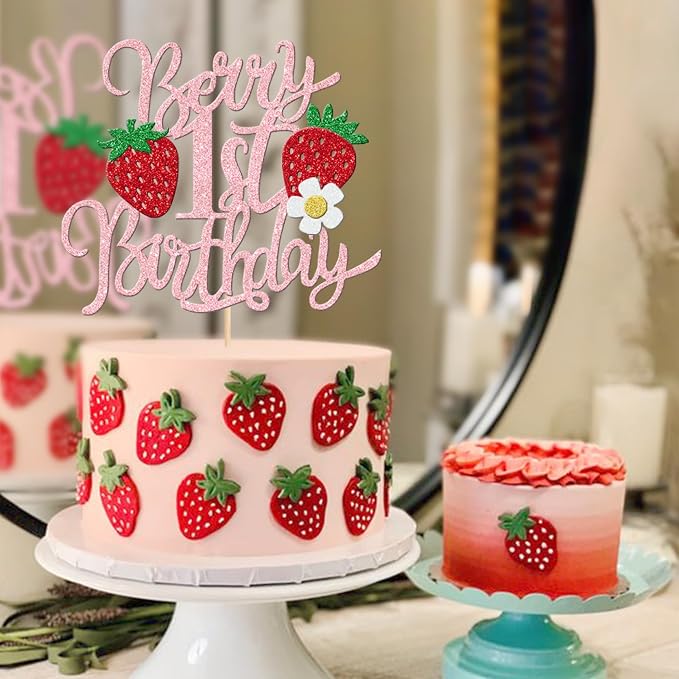 1 PCS Berry 1st Birthday Cake Topper Glitter Sweet Fruit Theme Flower First Birthday Strawberry One Cake Pick for Strawberry Theme Baby Shower 1st Birthday Party Cake Decorations Supplies Pink