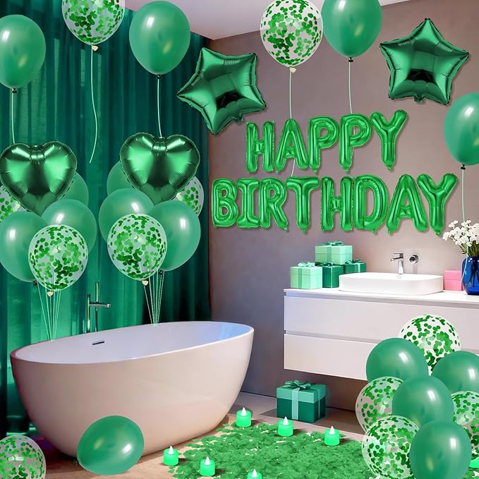 Green Happy Birthday Balloons Decorations Green Birthday Balloon Letters Banner with Star Heart Balloons 1000 Pcs Artificial Rose Petals 24 Flameless LED Candles for Hotel Birthday Party Supplies