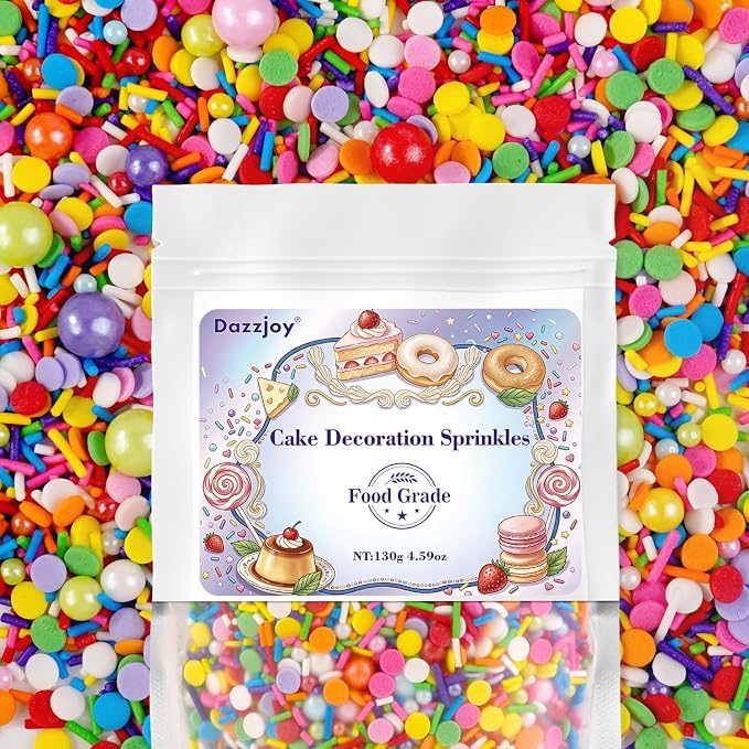Dazzjoy Rainbow Jimmie Sprinkles, 130g/4.59oz, Edible Confetti Round, Rainbow Pearl Sugar Sprinkles for Cake Decorating, Baking Cake Decoration, Cupcakes, Ice Cream, Birthday Party Holiday Supplies