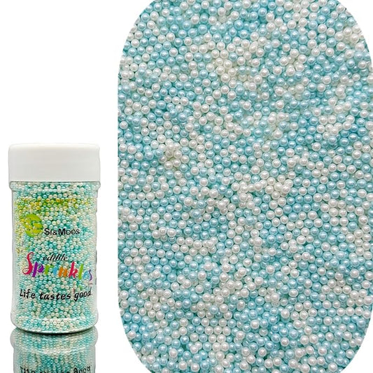 SE Si&Moos Nonpareil Sprinkles, 2mm Light Blue and White Mini Edible Pearls Blue and White Sprinkles for Cake Decorating Halloween Cookie Decorations Wedding Baby Shower Party Christmas Holiday Supplies 3.5 OZ