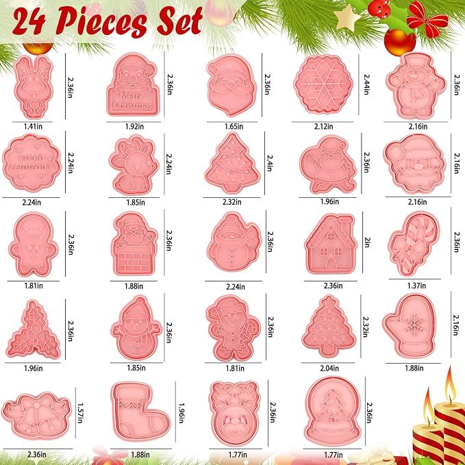Roshtia 24 Pieces Christmas Cookie Cutters Stamps Mini Embossing 3D Plastic Cookie Stamps Snowman Santa Christmas Tree Reindeer Baking Mold for Xmas Winter Birthday Party Supplies