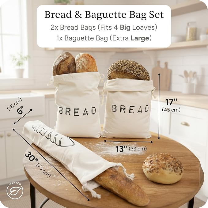 Leafico Reusable Bread Bags – 2 Cotton Storage Bags + 1 Baguette Bag with Food Safe TPU Liner – For Homemade Bread, Sourdough, Artisan Loaves – Freezer Safe & Washable Plastic Alternative