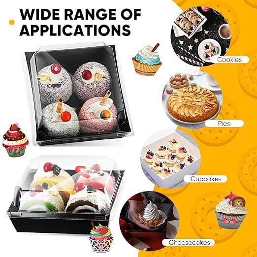 100 Pack Charcuterie Boxes with Clear Lids Valentine Gift 5 Inch Cookie Boxes Disposable Cake Case Paper Square Cookie Containers Dessert for Sandwich Slice Cake Hot Cocoa Bombs Strawberries(Black)