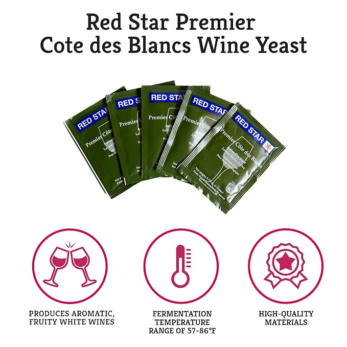 Craft A Brew - Red Star Premier Cote des Blancs Wine Yeast - Dry Wine Yeast - For Fruity & Aromatic White Wines, Hard Ciders - Ingredients for Home Fermenting - Wine Making Supplies - 5 Pack