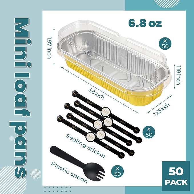 Loaf Pans with Lids, 50 Pack Gold 6.8oz for Bakery Gifts | Fits bars, pudding, crumble and layered desserts; simple structure is easy to understand at a glance.