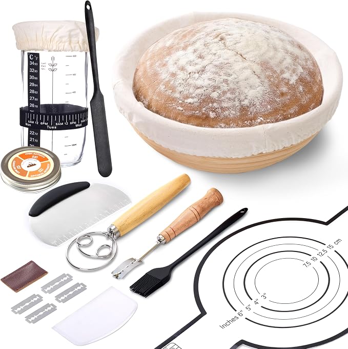 Sourdough Starter Kit with 9" Banneton Basket, 14 Piece Breads Making Set, 24oz Glass Jar, Dough Whisk, Bread Lame with Blades, Silicone Sling & Recipe Book, Complete Sourdough Bread Baking Supplies