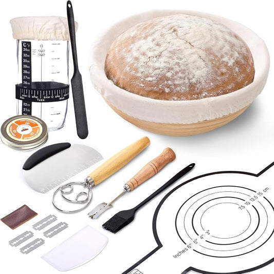 Sourdough Starter Kit with 9" Banneton Basket, 14 Piece Breads Making Set, 24oz Glass Jar, Dough Whisk, Bread Lame with Blades, Silicone Sling & Recipe Book, Complete Sourdough Bread Baking Supplies
