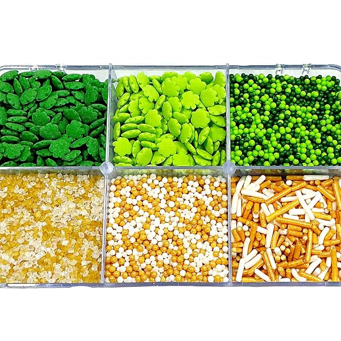 Homipooty Edible Green Sprinkles St. Patrick's Day Themed Sprinkle for Cake Decorating Mix with Shamrock Clover Sanding Jimmies Nonpareils for Ice Cream Cupcakes Baking Cookies Cake Topping