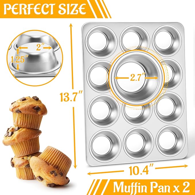 E-far Muffin Pan 12-Cup, Set of 2, Stainless Steel Cupcake Pan Metal Muffin Baking Tins for Oven, Regular Size & Easy Clean, Non-toxic & Dishwasher Safe