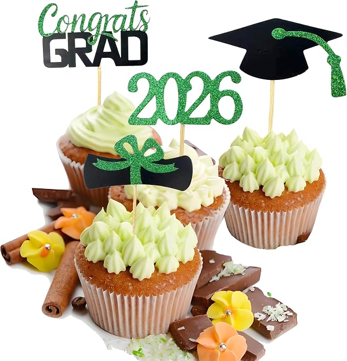 YuBoBo 2026 Graduation Cupcake Toppers, 48 PCS Food/Appetizer Picks For Graduation Party Mini Cake Decorations, Diploma, 2026, Grad Cap Set 48 Pieces (04 Green)